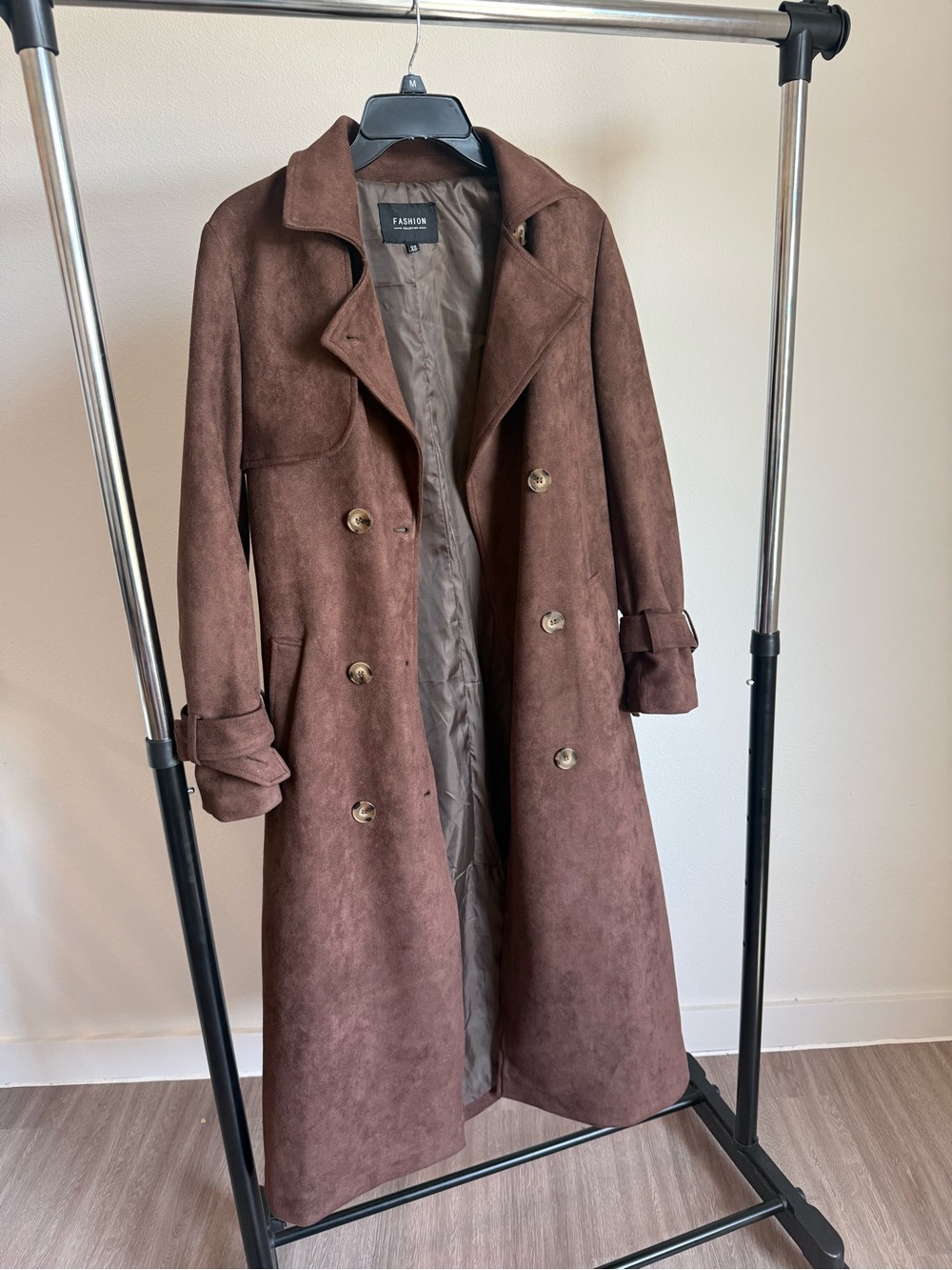 Suede Long Double-Breasted Trench Coat - Brown